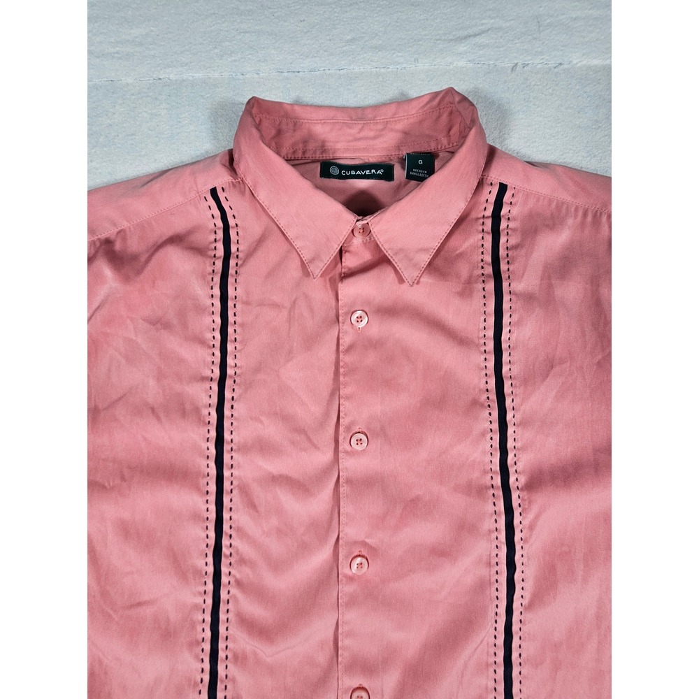 Cubavera Mens Large Salmon Pink Embroidered Vertical Stripe‎ Short Sleeve Shirt